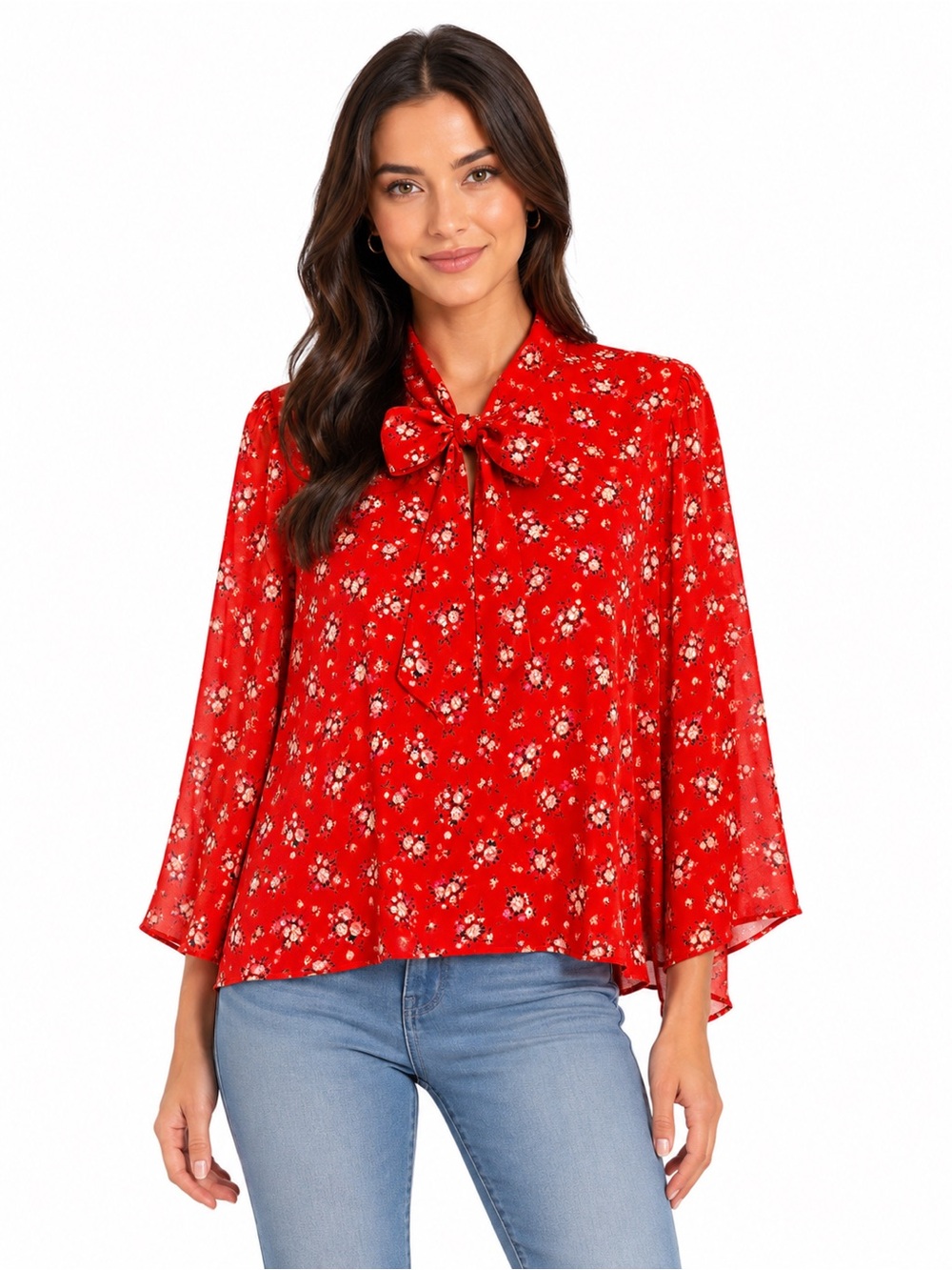 Contempo Casuals Red Floral Tie Neck Blouse XL Vintage Cottagecore Secretary Top
